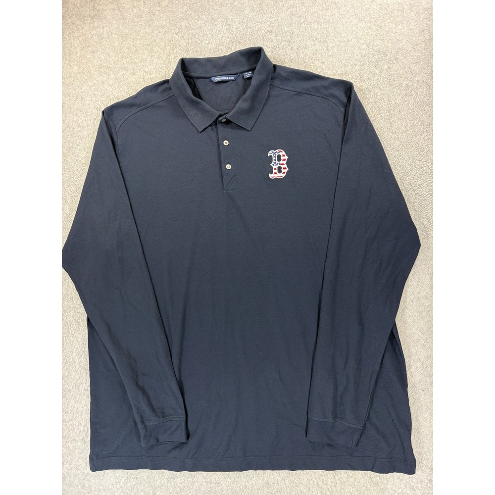 Boston Red Sox USA Flag Stitched Logo L/S Polo Shirt (Men's 4XL Tall) Blue